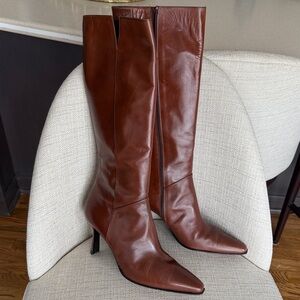 Stuart Weitzman Tall Pointed-Toe Brown Leather Heeled Boots